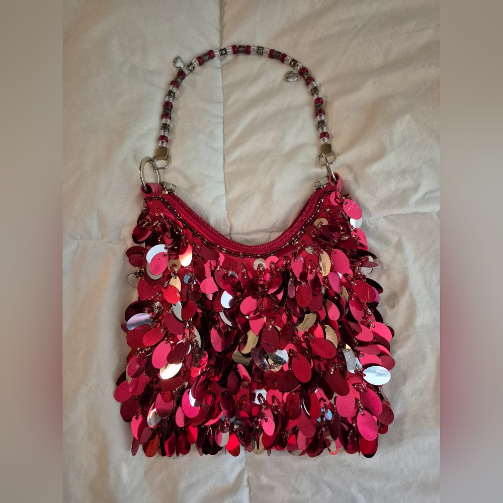 Red Sequin Shoulder Bag with Curved Shape and Beaded Handle
